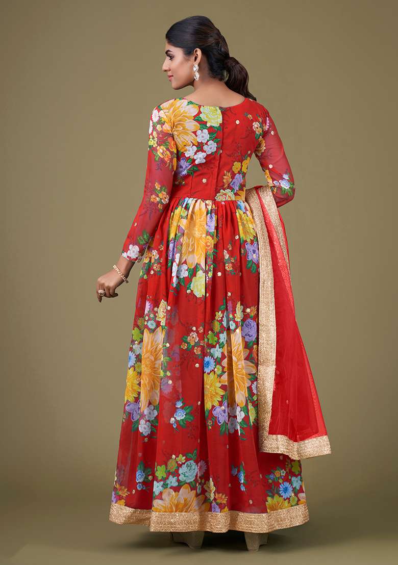 Red Embroidered Faux Georgette Anarkali Kurta Set - Indya