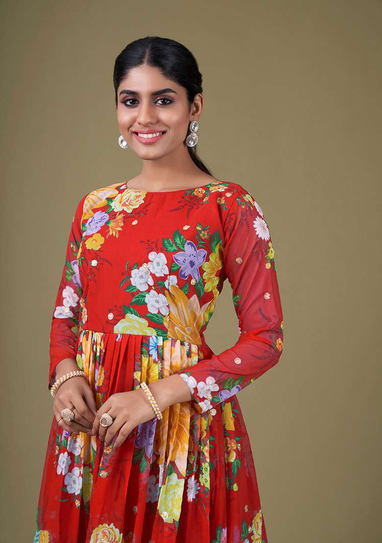 Red Embroidered Faux Georgette Anarkali Kurta Set - Indya