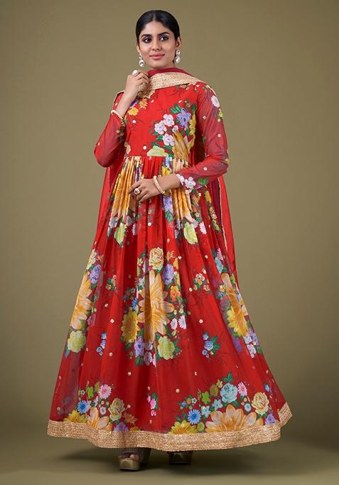 Red Embroidered Faux Georgette Anarkali Kurta Set