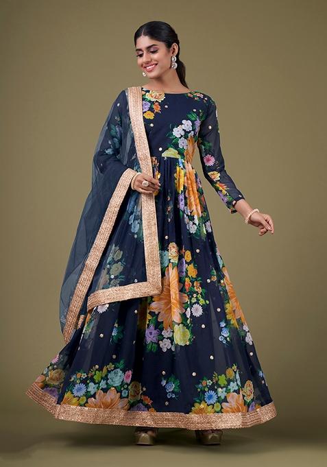 Blue Embroidered Faux Georgette Anarkali Kurta Set