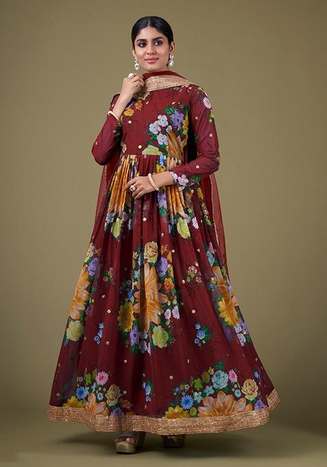 Maroon Embroidered Faux Georgette Anarkali Kurta Set