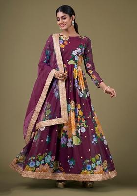 Wine Embroidered Faux Georgette Anarkali Kurta Set