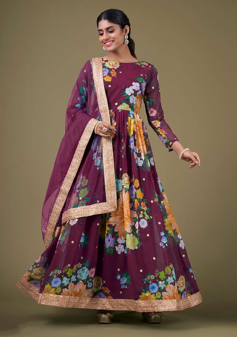 Wine Embroidered Faux Georgette Anarkali Kurta Set - Indya