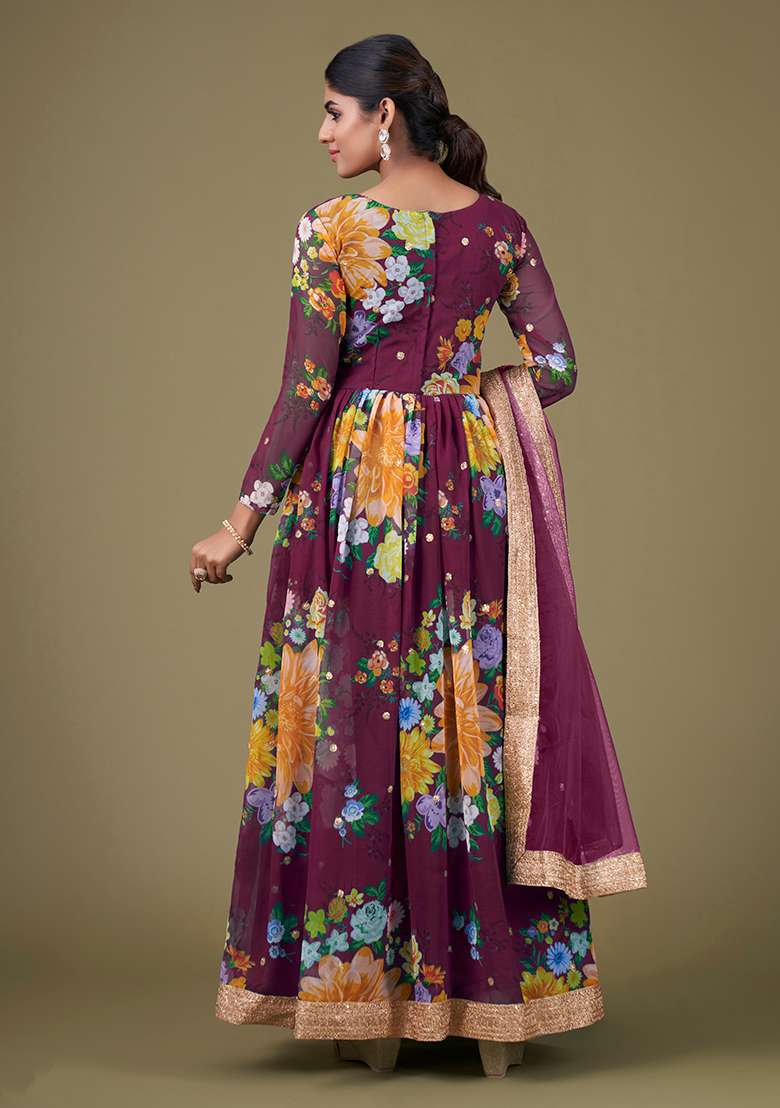 Wine Embroidered Faux Georgette Anarkali Kurta Set - Indya