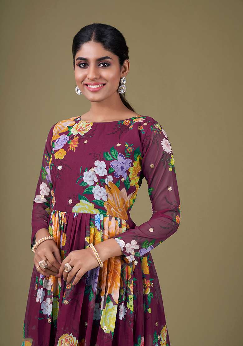 Wine Embroidered Faux Georgette Anarkali Kurta Set - Indya