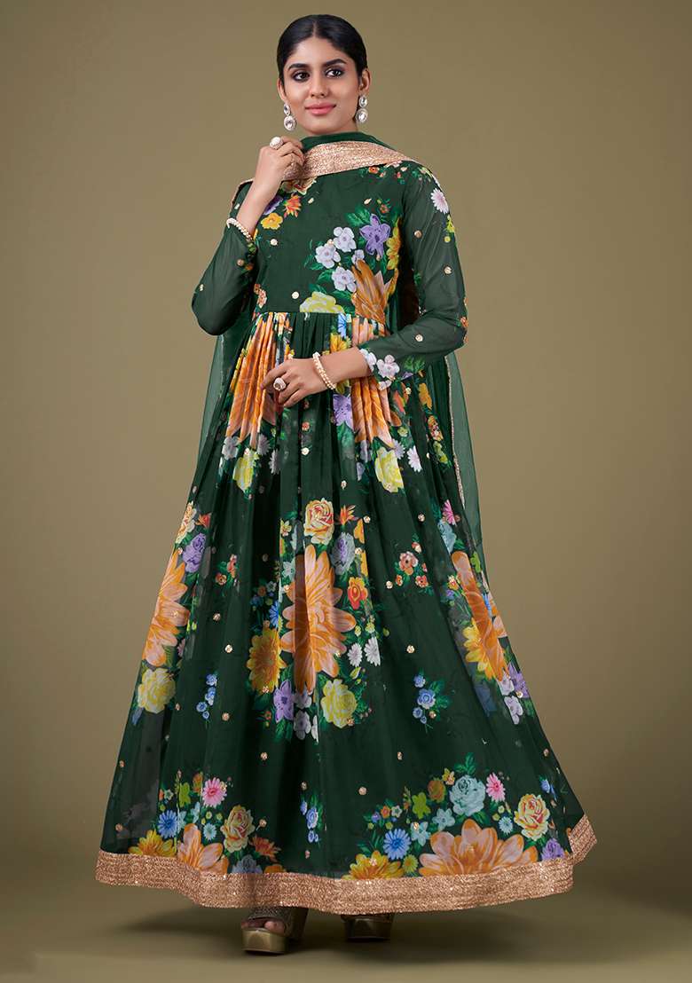 Green Embroidered Faux Georgette Anarkali Kurta Set - Indya