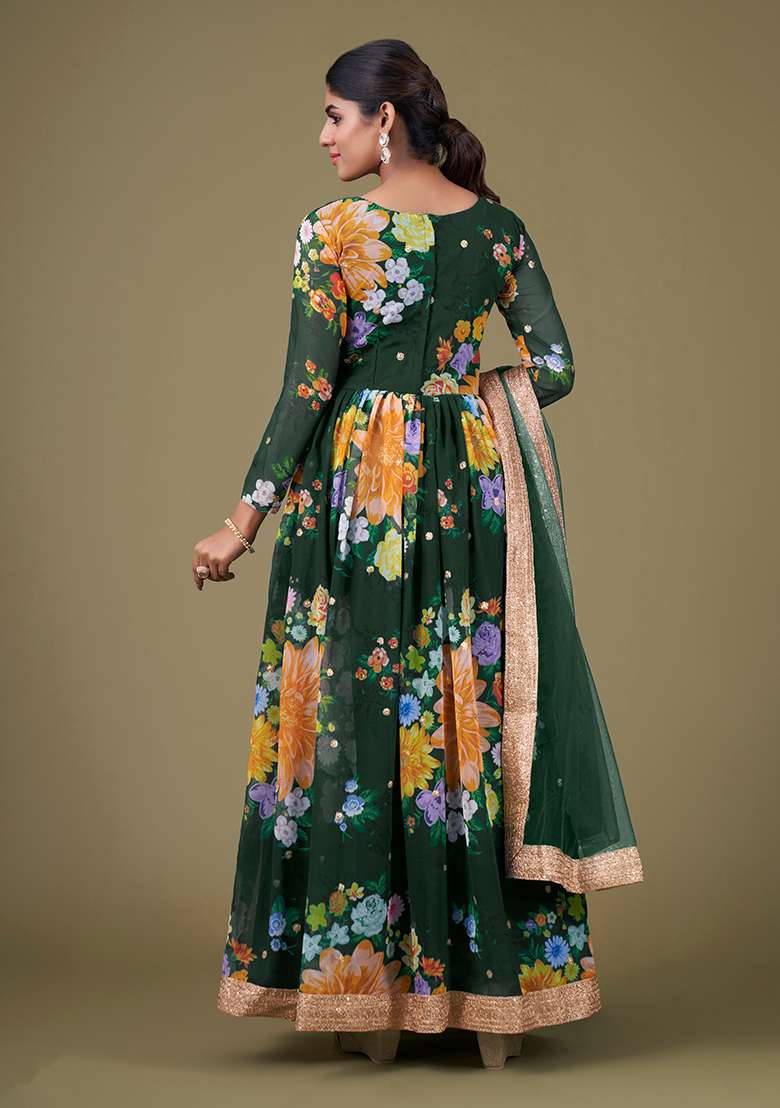 Green Embroidered Faux Georgette Anarkali Kurta Set - Indya