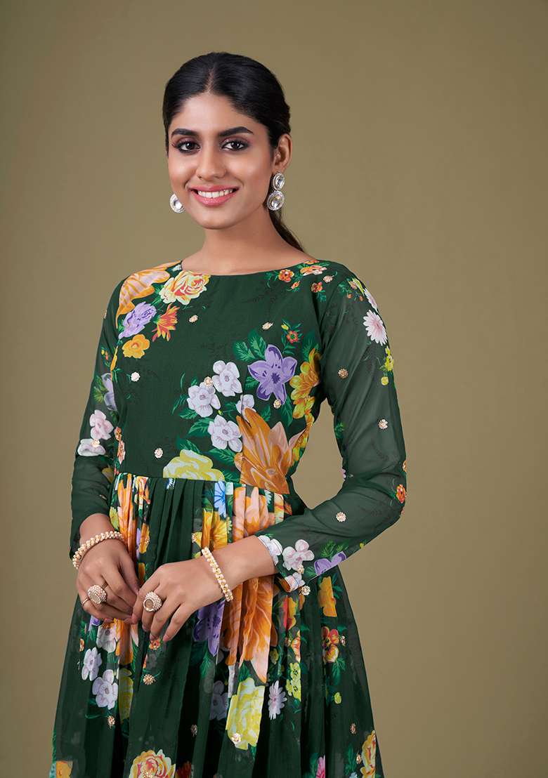 Green Embroidered Faux Georgette Anarkali Kurta Set - Indya