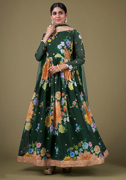 Green Embroidered Faux Georgette Anarkali Kurta Set