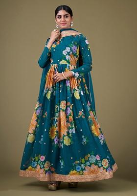 Teal Blue Embroidered Faux Georgette Anarkali Kurta Set