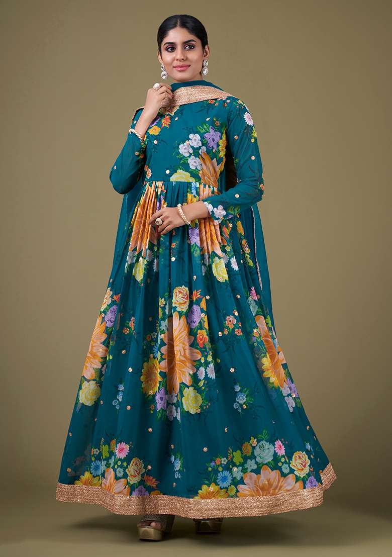 Teal Blue Embroidered Faux Georgette Anarkali Kurta Set - Indya