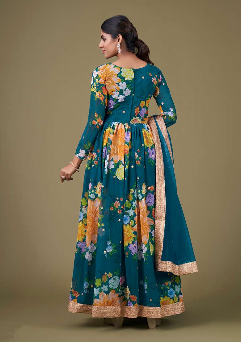 Teal Blue Embroidered Faux Georgette Anarkali Kurta Set - Indya