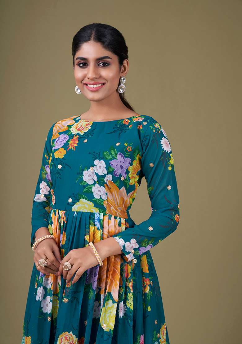 Teal Blue Embroidered Faux Georgette Anarkali Kurta Set - Indya