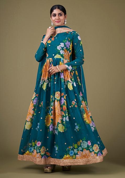 Teal Blue Embroidered Faux Georgette Anarkali Kurta Set
