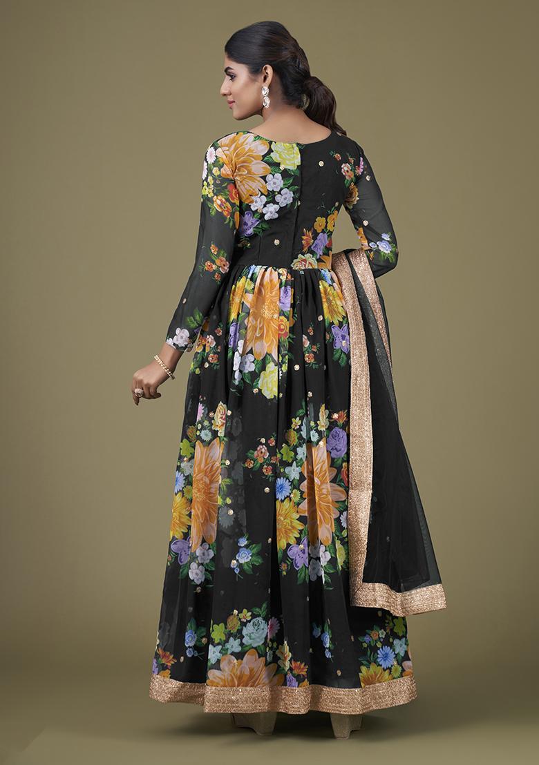 Black Embroidered Faux Georgette Anarkali Kurta Set - Indya