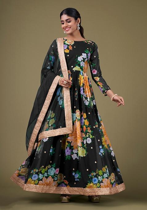 Black Embroidered Faux Georgette Anarkali Kurta Set