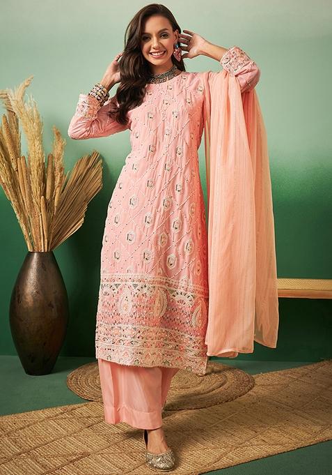 Peach Embroidered Georgette Kurta Set