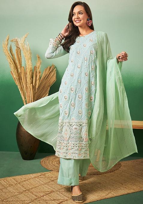 Sea Green Embroidered Georgette Kurta Set