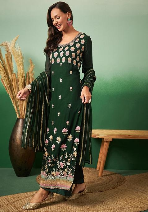 Green Embroidered Georgette Kurta Set