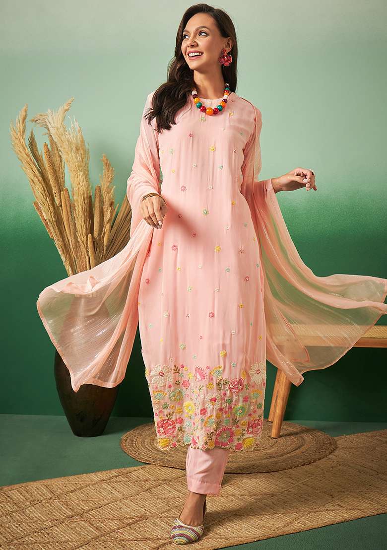 Peach Embroidered Georgette Straight Kurta Set - Indya