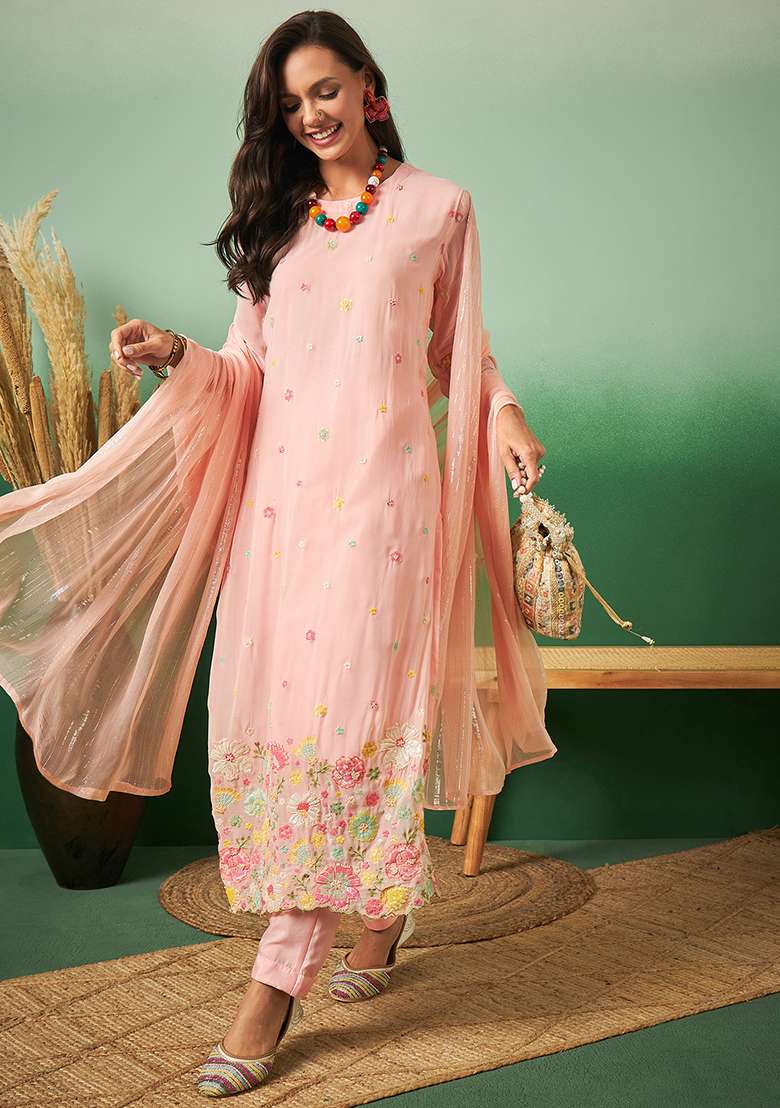 Peach Embroidered Georgette Straight Kurta Set - Indya