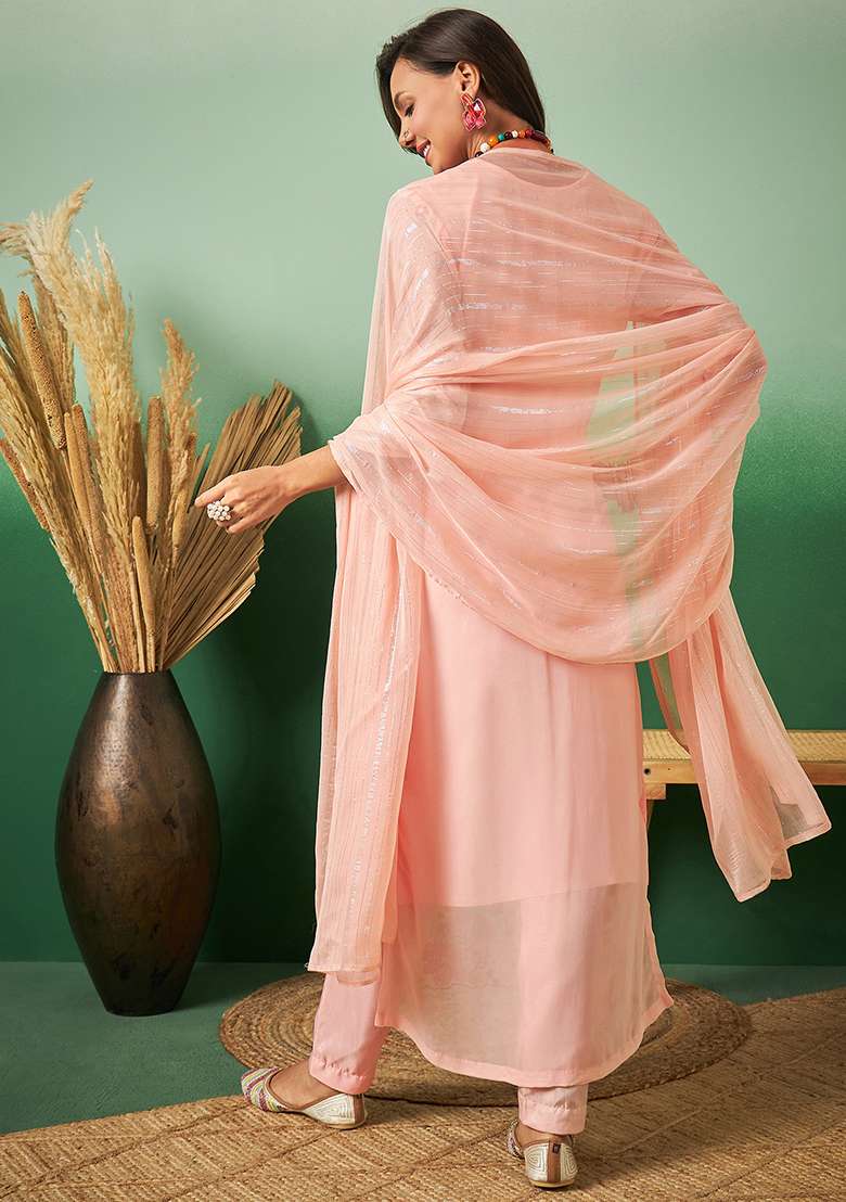 Peach Embroidered Georgette Straight Kurta Set - Indya