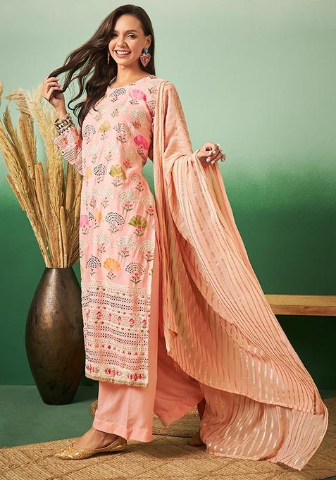 Peach Embroidered Georgette Kurta Set