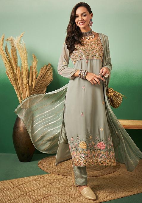 Light Green Embroidered Georgette Kurta Set