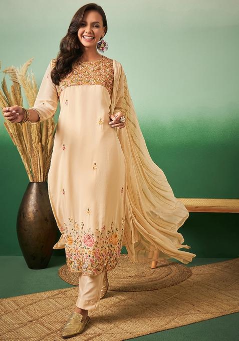 Light Orange Embroidered Georgette Kurta Set