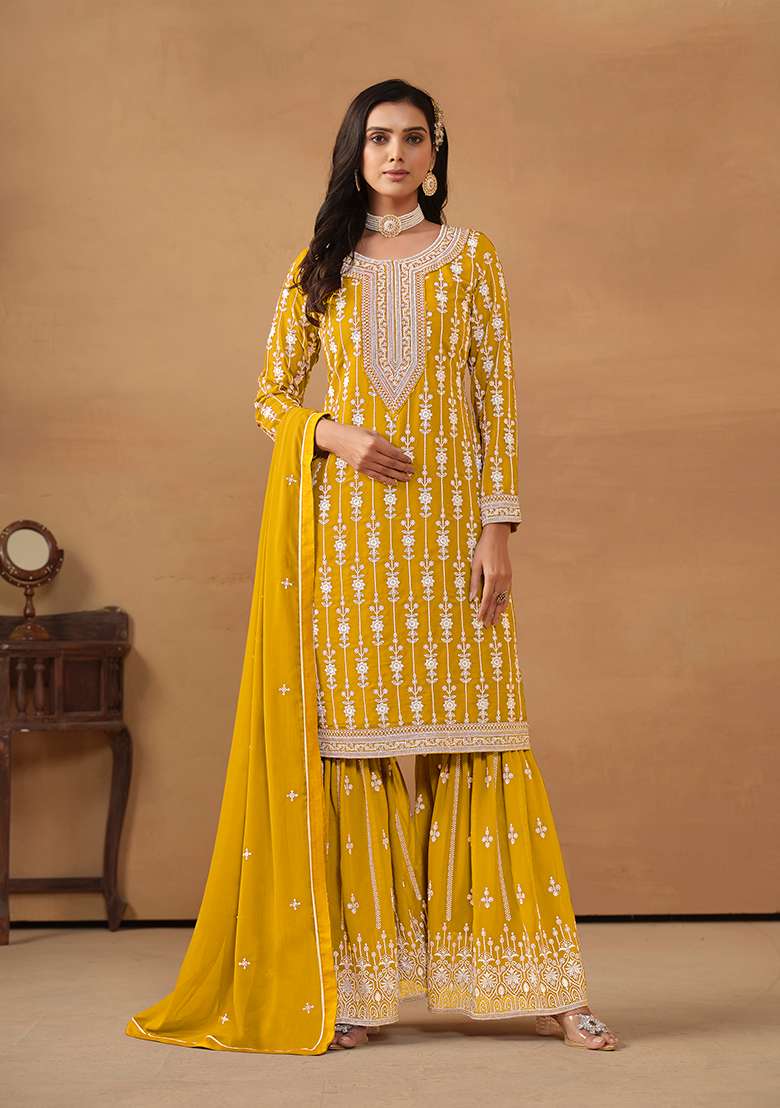 Yellow Embroidered Faux Georgette Kurta Set - Indya