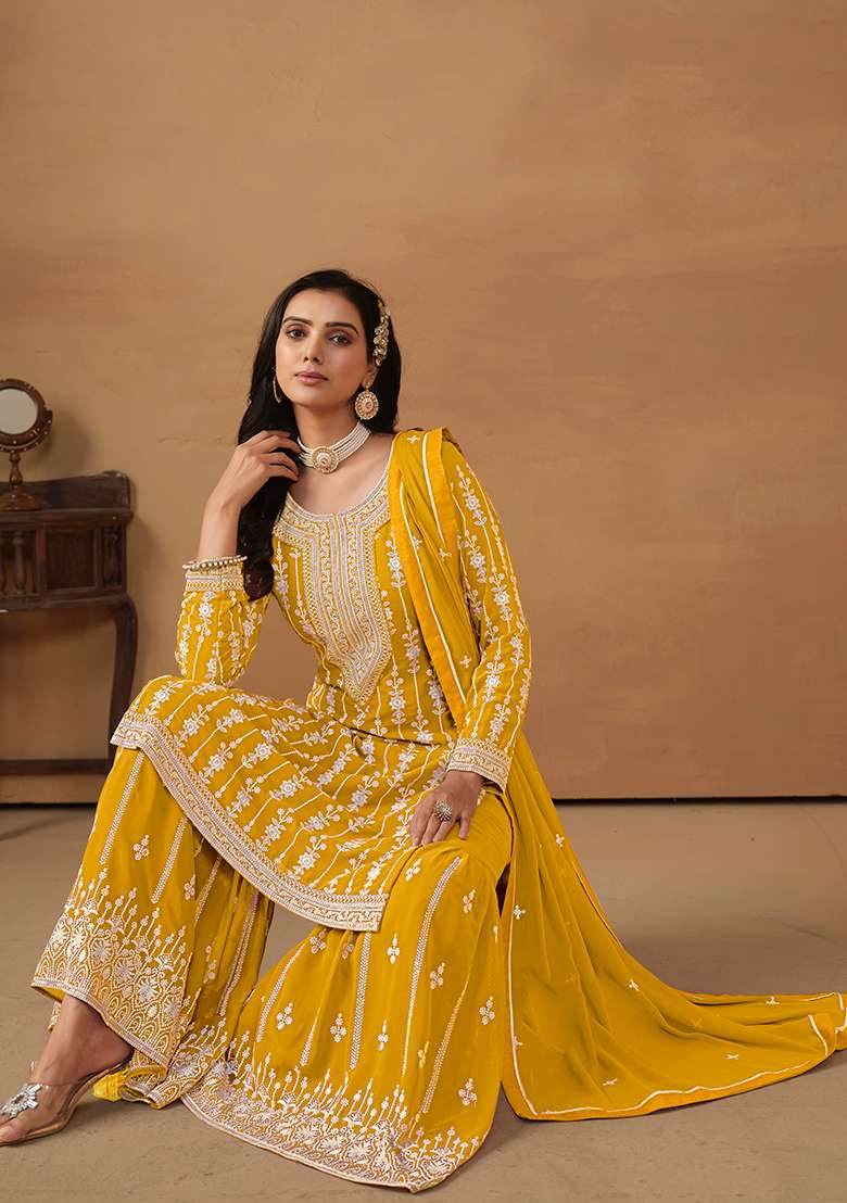 Yellow Embroidered Faux Georgette Kurta Set - Indya