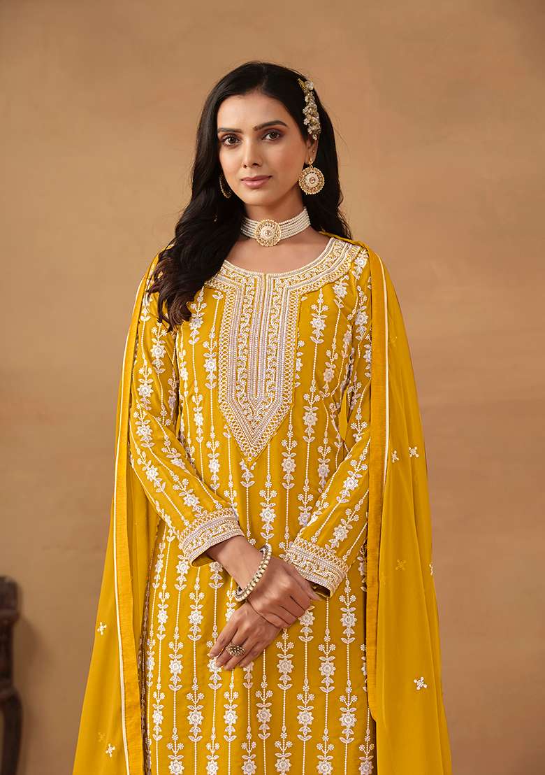 Yellow Embroidered Faux Georgette Kurta Set - Indya