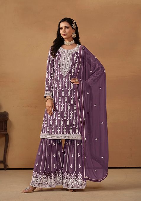 Purple Embroidered Faux Georgette Kurta Set