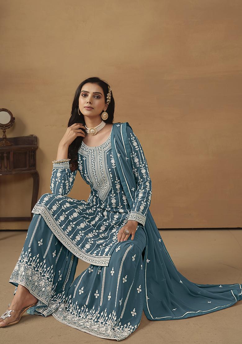Rama Blue Embroidered Faux Georgette Kurta Set