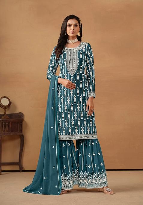 Rama Blue Embroidered Faux Georgette Kurta Set