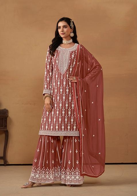 Brown Embroidered Faux Georgette Kurta Set