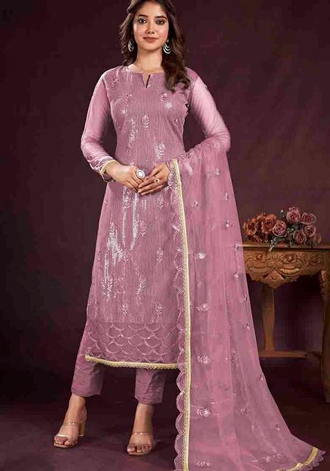 Light Purple Embroidered Butterfly Net Kurta Set