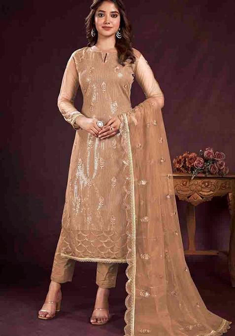 Brown Embroidered Butterfly Net Kurta Set