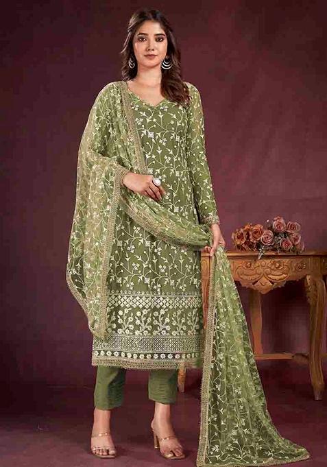 Green Embroidered Butterfly Net Kurta Set