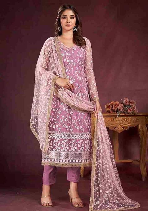 Pink Embroidered Butterfly Net Kurta Set