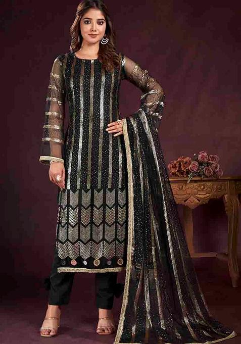 Black Embroidered Butterfly Net Kurta Set