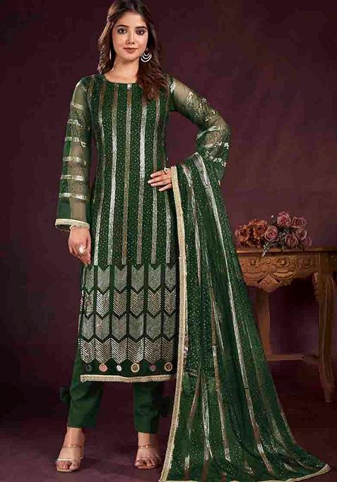 Green Embroidered Butterfly Net Kurta Set