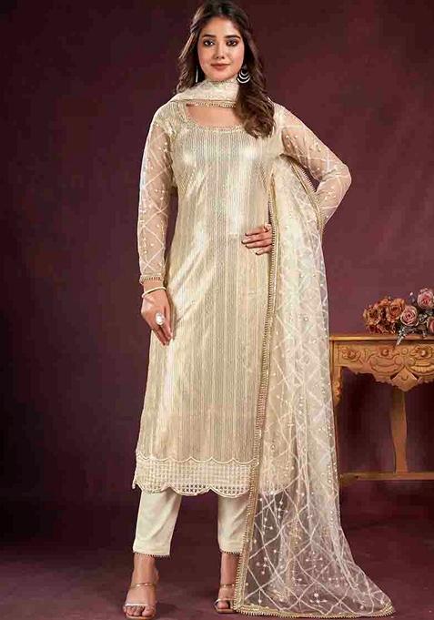 White Embroidered Butterfly Net Kurta Set