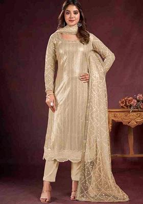 Beige Embroidered Butterfly Net Kurta Set