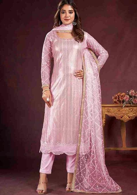 Pink Embroidered Butterfly Net Kurta Set