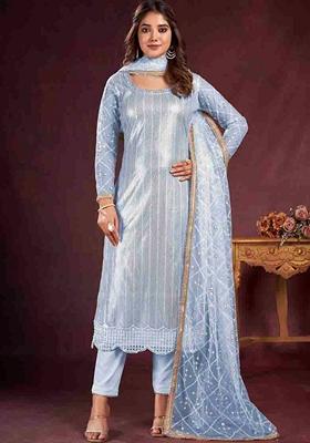 Sky Blue Embroidered Butterfly Net Kurta Set