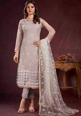 Light Purple Embroidered Butterfly Net Kurta Set