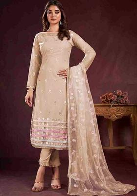 Beige Embroidered Butterfly Net Kurta Set