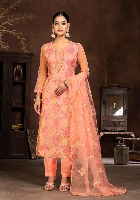 Orange Embroidered Organza Kurta Set