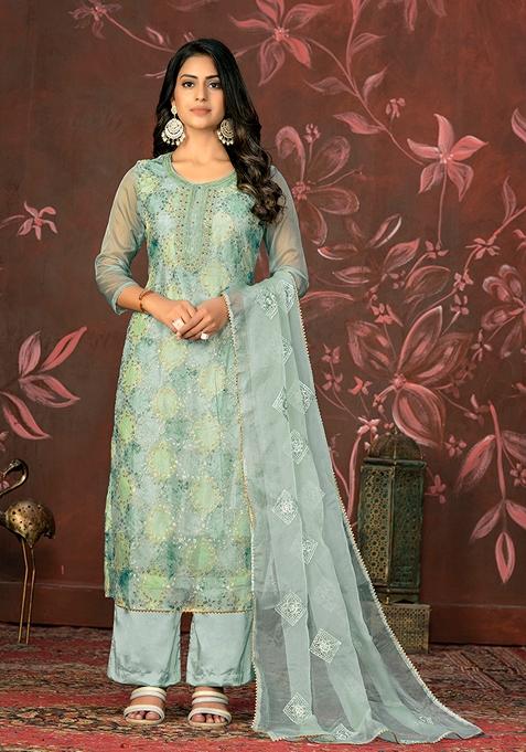 Grey Embroidered Organza Kurta Set